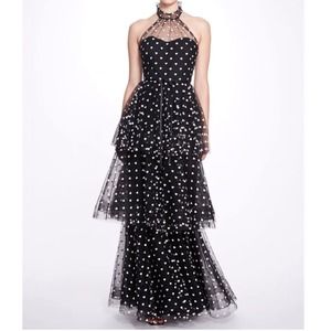 Marchesa Notte Sweetheart Neck Polka Dot Halter Dress